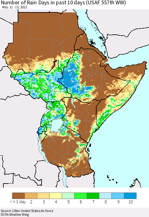 Eastern Africa Number of Rain Days in past 10 days (USAF 557th WW) Thematic Map For 5/11/2022 - 5/15/2022