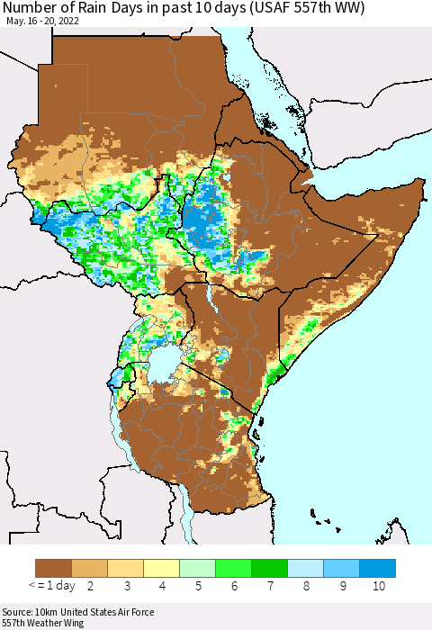 Eastern Africa Number of Rain Days in past 10 days (USAF 557th WW) Thematic Map For 5/16/2022 - 5/20/2022