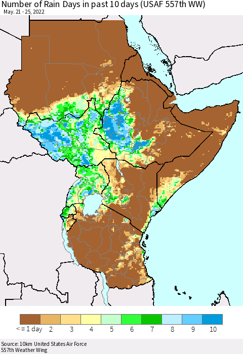 Eastern Africa Number of Rain Days in past 10 days (USAF 557th WW) Thematic Map For 5/21/2022 - 5/25/2022