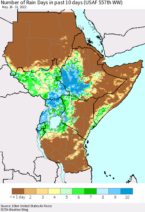 Eastern Africa Number of Rain Days in past 10 days (USAF 557th WW) Thematic Map For 5/26/2022 - 5/31/2022