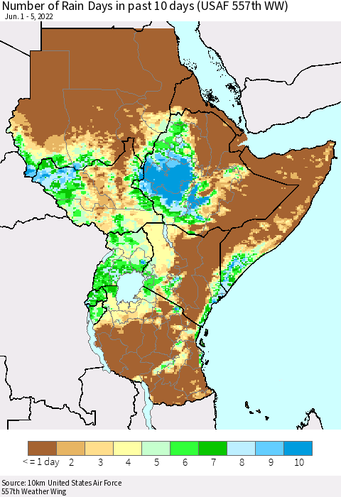 Eastern Africa Number of Rain Days in past 10 days (USAF 557th WW) Thematic Map For 6/1/2022 - 6/5/2022