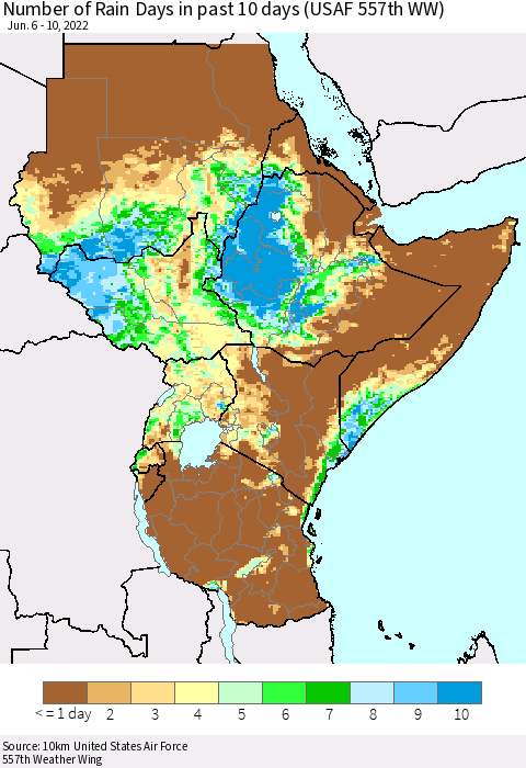Eastern Africa Number of Rain Days in past 10 days (USAF 557th WW) Thematic Map For 6/6/2022 - 6/10/2022