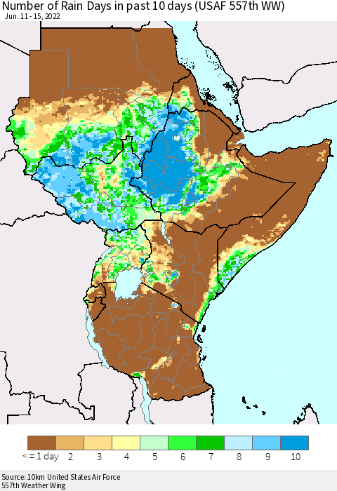 Eastern Africa Number of Rain Days in past 10 days (USAF 557th WW) Thematic Map For 6/11/2022 - 6/15/2022