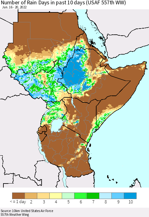 Eastern Africa Number of Rain Days in past 10 days (USAF 557th WW) Thematic Map For 6/16/2022 - 6/20/2022