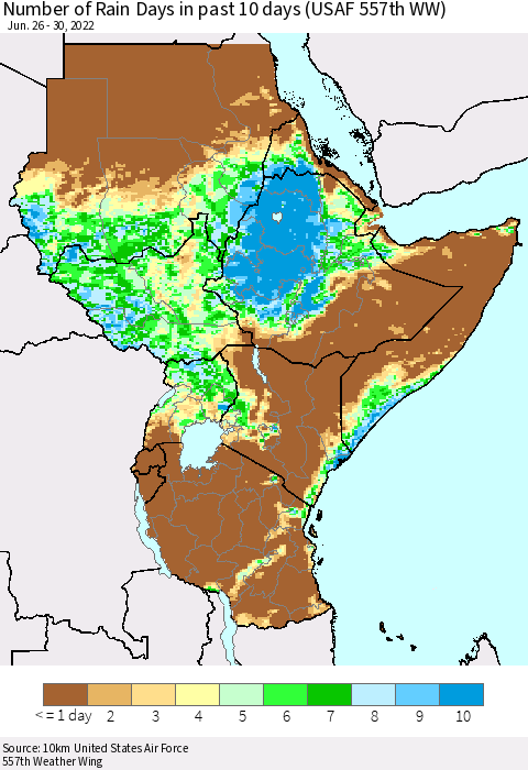 Eastern Africa Number of Rain Days in past 10 days (USAF 557th WW) Thematic Map For 6/26/2022 - 6/30/2022