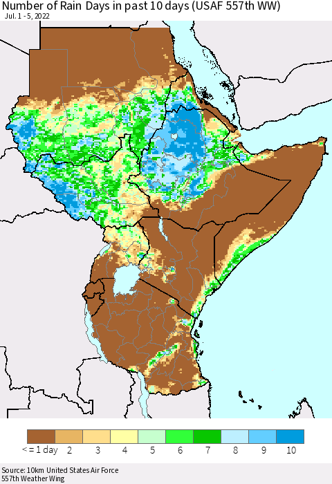 Eastern Africa Number of Rain Days in past 10 days (USAF 557th WW) Thematic Map For 7/1/2022 - 7/5/2022