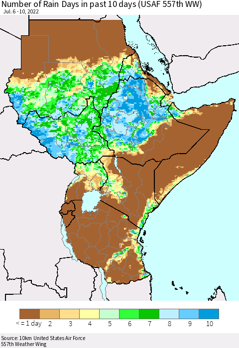 Eastern Africa Number of Rain Days in past 10 days (USAF 557th WW) Thematic Map For 7/6/2022 - 7/10/2022