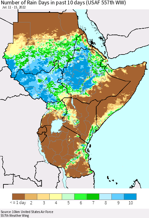 Eastern Africa Number of Rain Days in past 10 days (USAF 557th WW) Thematic Map For 7/11/2022 - 7/15/2022