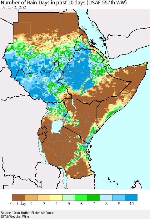 Eastern Africa Number of Rain Days in past 10 days (USAF 557th WW) Thematic Map For 7/16/2022 - 7/20/2022