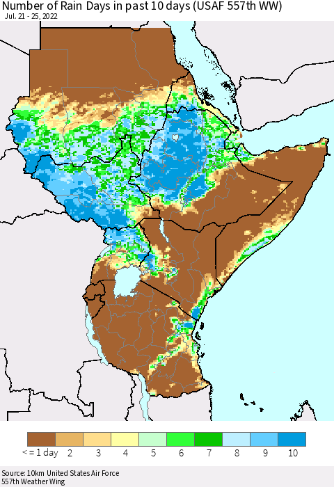 Eastern Africa Number of Rain Days in past 10 days (USAF 557th WW) Thematic Map For 7/21/2022 - 7/25/2022