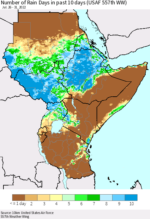 Eastern Africa Number of Rain Days in past 10 days (USAF 557th WW) Thematic Map For 7/26/2022 - 7/31/2022