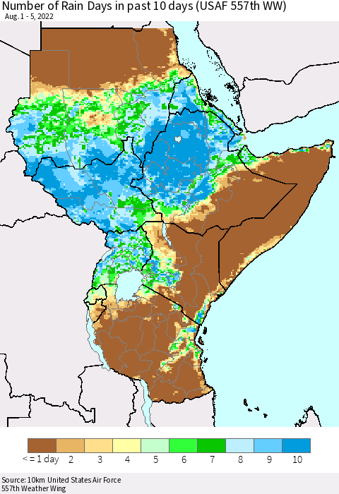Eastern Africa Number of Rain Days in past 10 days (USAF 557th WW) Thematic Map For 8/1/2022 - 8/5/2022