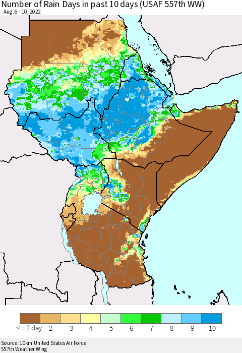 Eastern Africa Number of Rain Days in past 10 days (USAF 557th WW) Thematic Map For 8/6/2022 - 8/10/2022