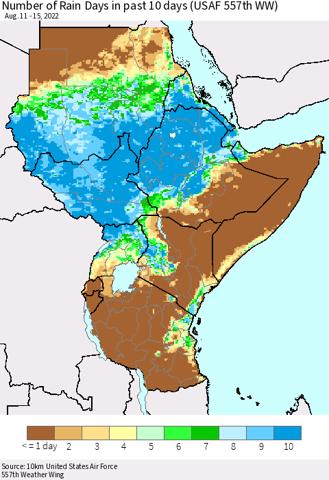 Eastern Africa Number of Rain Days in past 10 days (USAF 557th WW) Thematic Map For 8/11/2022 - 8/15/2022