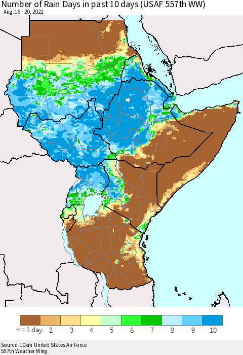 Eastern Africa Number of Rain Days in past 10 days (USAF 557th WW) Thematic Map For 8/16/2022 - 8/20/2022