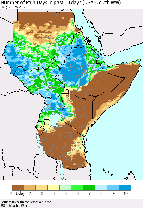 Eastern Africa Number of Rain Days in past 10 days (USAF 557th WW) Thematic Map For 8/21/2022 - 8/25/2022