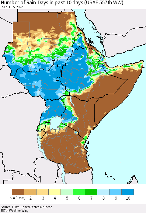 Eastern Africa Number of Rain Days in past 10 days (USAF 557th WW) Thematic Map For 9/1/2022 - 9/5/2022