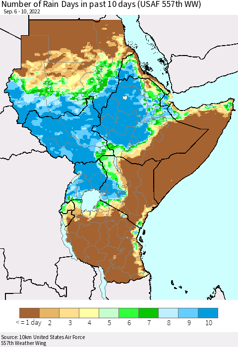Eastern Africa Number of Rain Days in past 10 days (USAF 557th WW) Thematic Map For 9/6/2022 - 9/10/2022