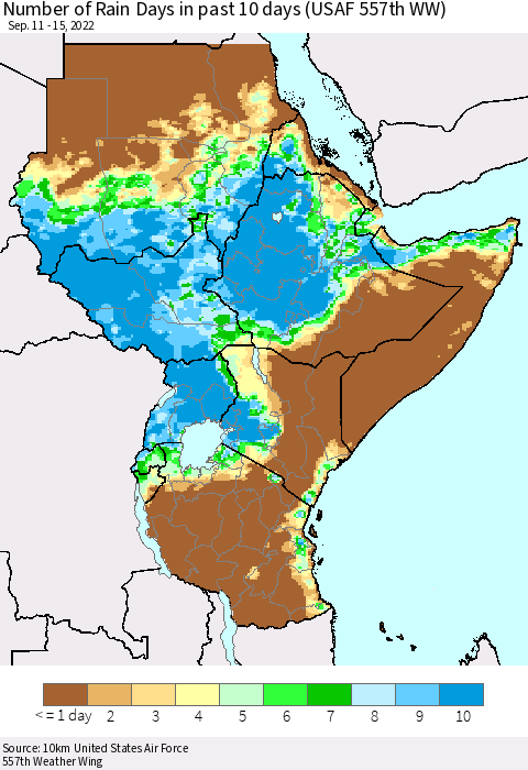 Eastern Africa Number of Rain Days in past 10 days (USAF 557th WW) Thematic Map For 9/11/2022 - 9/15/2022