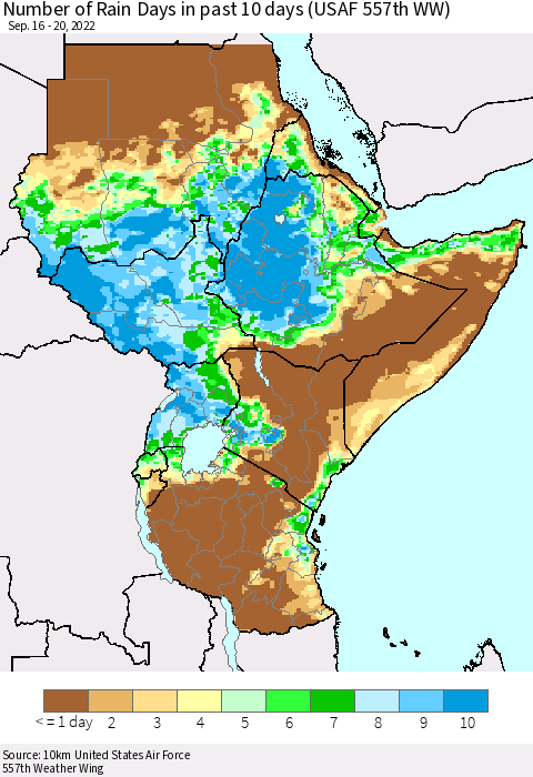 Eastern Africa Number of Rain Days in past 10 days (USAF 557th WW) Thematic Map For 9/16/2022 - 9/20/2022