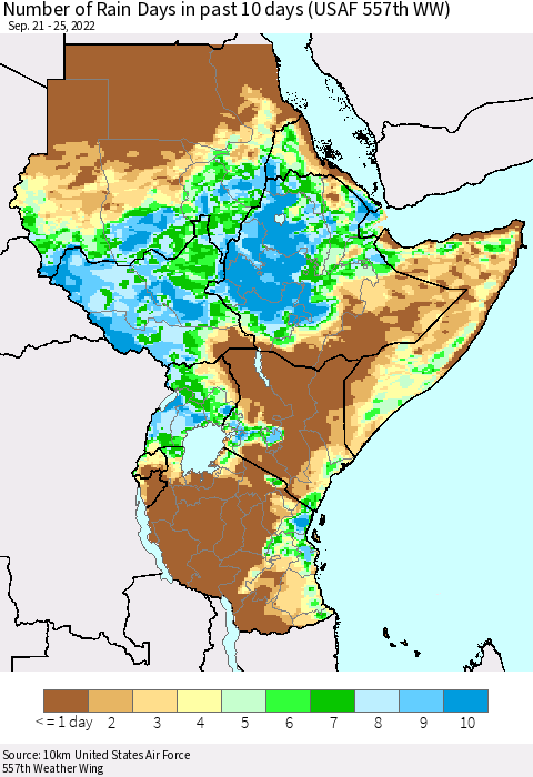 Eastern Africa Number of Rain Days in past 10 days (USAF 557th WW) Thematic Map For 9/21/2022 - 9/25/2022