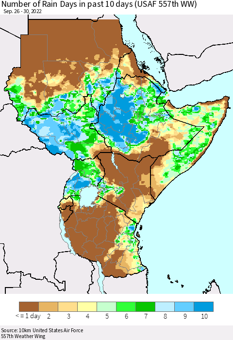 Eastern Africa Number of Rain Days in past 10 days (USAF 557th WW) Thematic Map For 9/26/2022 - 9/30/2022