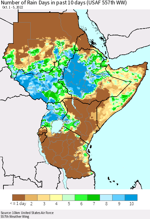 Eastern Africa Number of Rain Days in past 10 days (USAF 557th WW) Thematic Map For 10/1/2022 - 10/5/2022