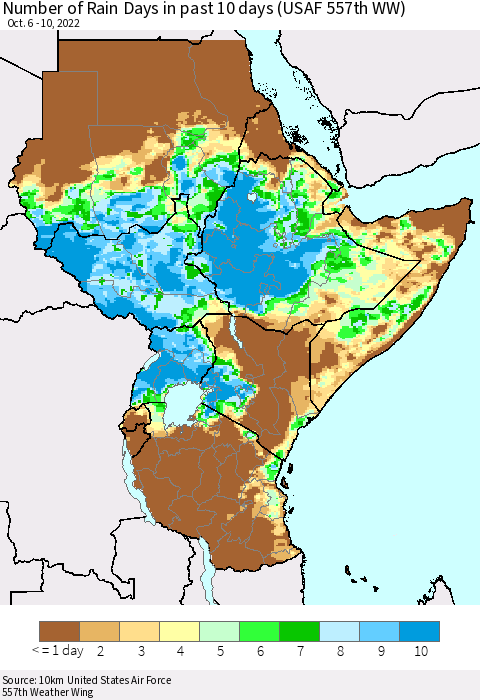 Eastern Africa Number of Rain Days in past 10 days (USAF 557th WW) Thematic Map For 10/6/2022 - 10/10/2022