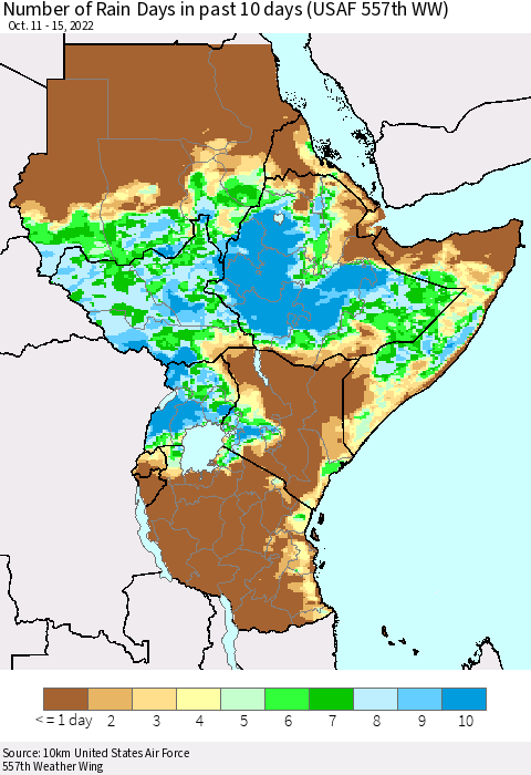 Eastern Africa Number of Rain Days in past 10 days (USAF 557th WW) Thematic Map For 10/11/2022 - 10/15/2022
