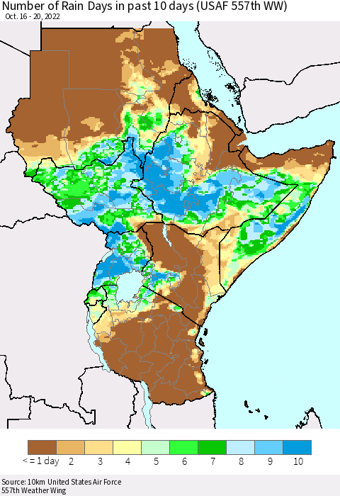 Eastern Africa Number of Rain Days in past 10 days (USAF 557th WW) Thematic Map For 10/16/2022 - 10/20/2022