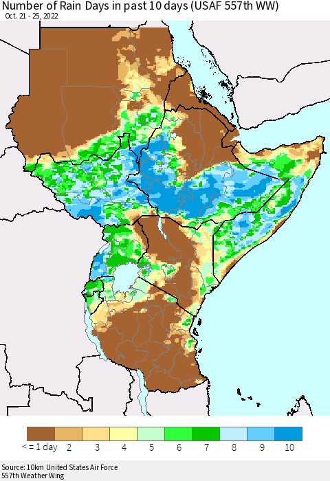 Eastern Africa Number of Rain Days in past 10 days (USAF 557th WW) Thematic Map For 10/21/2022 - 10/25/2022