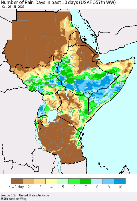 Eastern Africa Number of Rain Days in past 10 days (USAF 557th WW) Thematic Map For 10/26/2022 - 10/31/2022