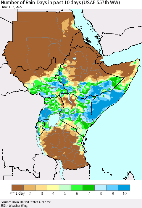 Eastern Africa Number of Rain Days in past 10 days (USAF 557th WW) Thematic Map For 11/1/2022 - 11/5/2022