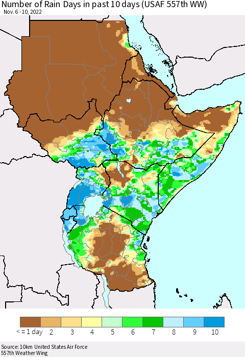 Eastern Africa Number of Rain Days in past 10 days (USAF 557th WW) Thematic Map For 11/6/2022 - 11/10/2022