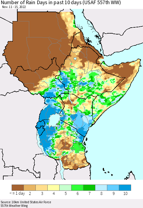 Eastern Africa Number of Rain Days in past 10 days (USAF 557th WW) Thematic Map For 11/11/2022 - 11/15/2022