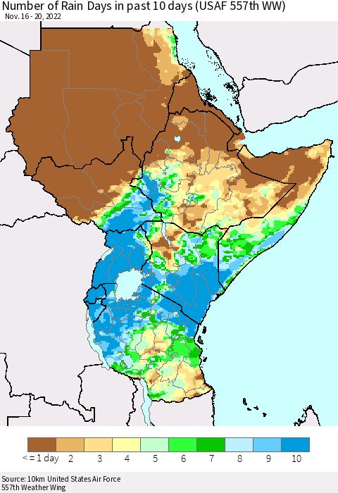 Eastern Africa Number of Rain Days in past 10 days (USAF 557th WW) Thematic Map For 11/16/2022 - 11/20/2022