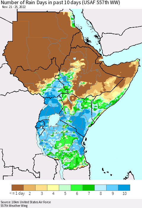 Eastern Africa Number of Rain Days in past 10 days (USAF 557th WW) Thematic Map For 11/21/2022 - 11/25/2022