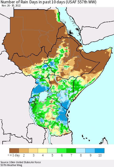 Eastern Africa Number of Rain Days in past 10 days (USAF 557th WW) Thematic Map For 11/26/2022 - 11/30/2022