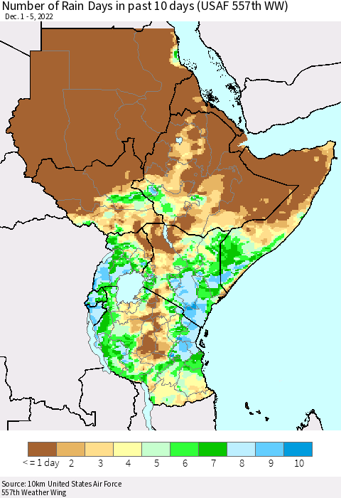 Eastern Africa Number of Rain Days in past 10 days (USAF 557th WW) Thematic Map For 12/1/2022 - 12/5/2022