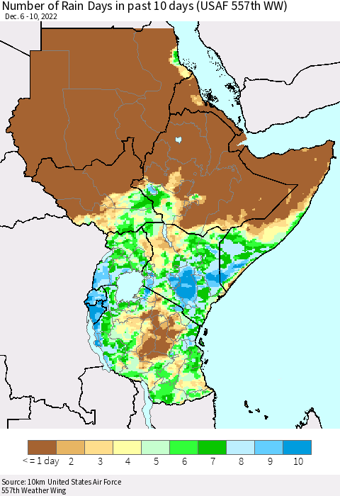 Eastern Africa Number of Rain Days in past 10 days (USAF 557th WW) Thematic Map For 12/6/2022 - 12/10/2022