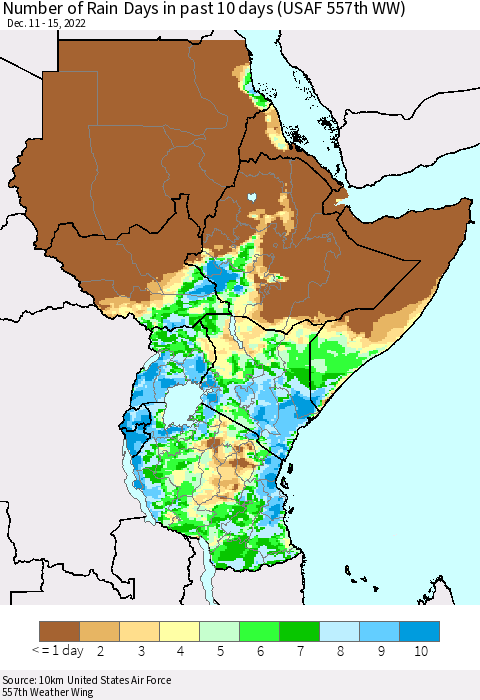 Eastern Africa Number of Rain Days in past 10 days (USAF 557th WW) Thematic Map For 12/11/2022 - 12/15/2022