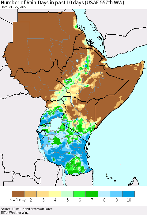 Eastern Africa Number of Rain Days in past 10 days (USAF 557th WW) Thematic Map For 12/21/2022 - 12/25/2022