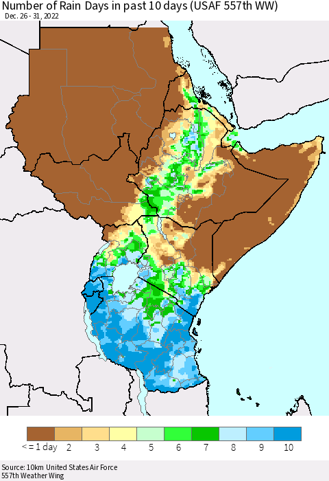 Eastern Africa Number of Rain Days in past 10 days (USAF 557th WW) Thematic Map For 12/26/2022 - 12/31/2022