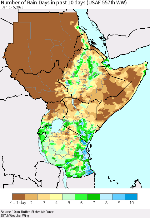Eastern Africa Number of Rain Days in past 10 days (USAF 557th WW) Thematic Map For 1/1/2023 - 1/5/2023