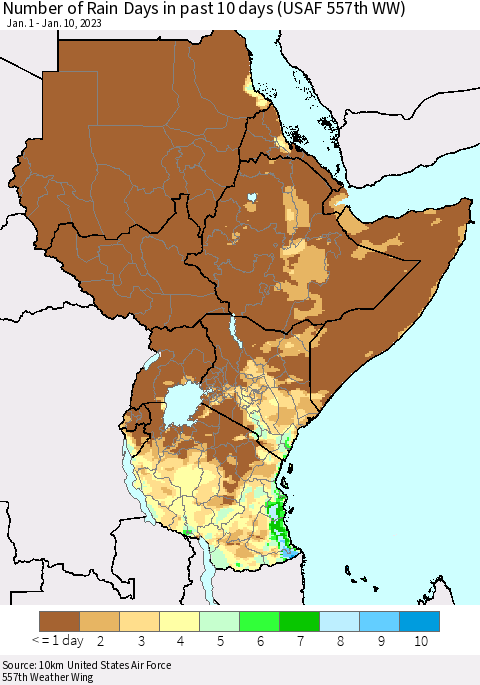 Eastern Africa Number of Rain Days in past 10 days (USAF 557th WW) Thematic Map For 1/6/2023 - 1/10/2023