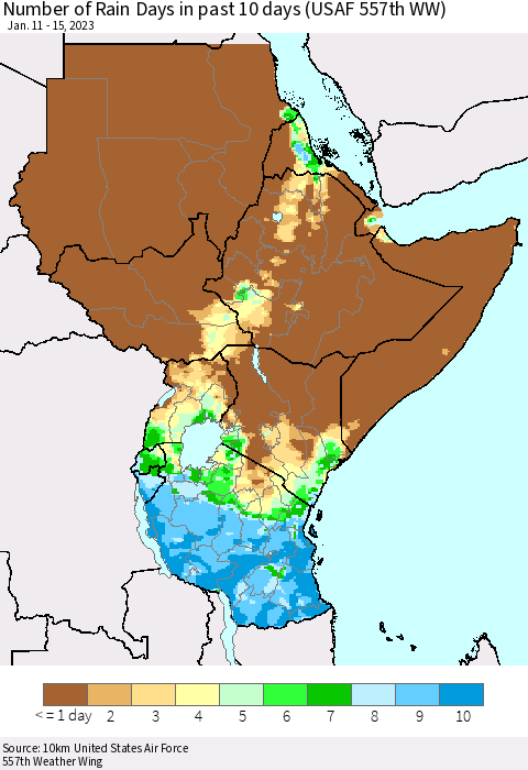 Eastern Africa Number of Rain Days in past 10 days (USAF 557th WW) Thematic Map For 1/11/2023 - 1/15/2023