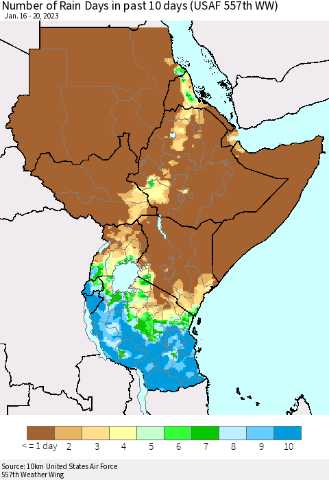 Eastern Africa Number of Rain Days in past 10 days (USAF 557th WW) Thematic Map For 1/16/2023 - 1/20/2023