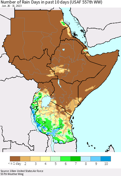 Eastern Africa Number of Rain Days in past 10 days (USAF 557th WW) Thematic Map For 1/26/2023 - 1/31/2023