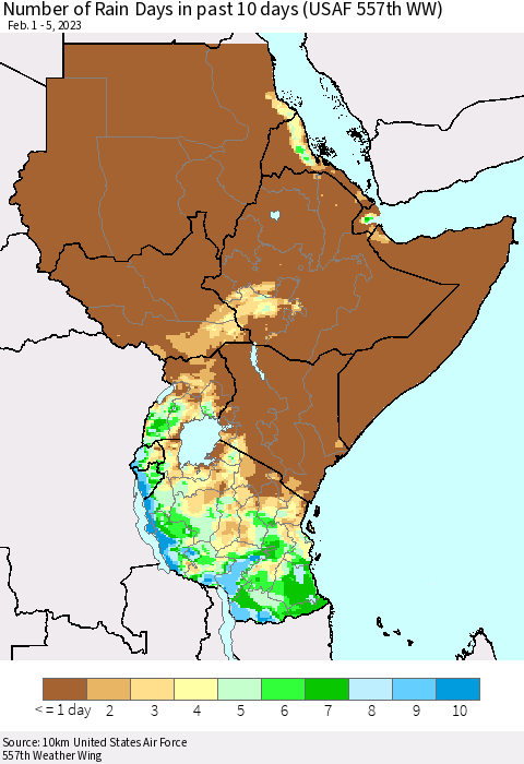 Eastern Africa Number of Rain Days in past 10 days (USAF 557th WW) Thematic Map For 2/1/2023 - 2/5/2023