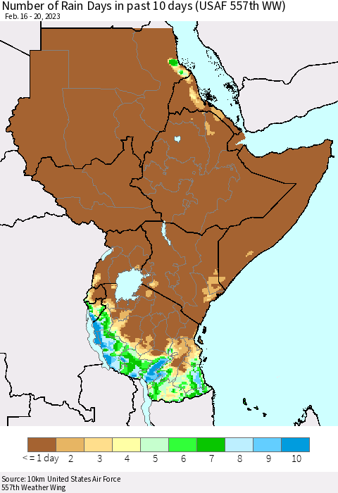 Eastern Africa Number of Rain Days in past 10 days (USAF 557th WW) Thematic Map For 2/16/2023 - 2/20/2023